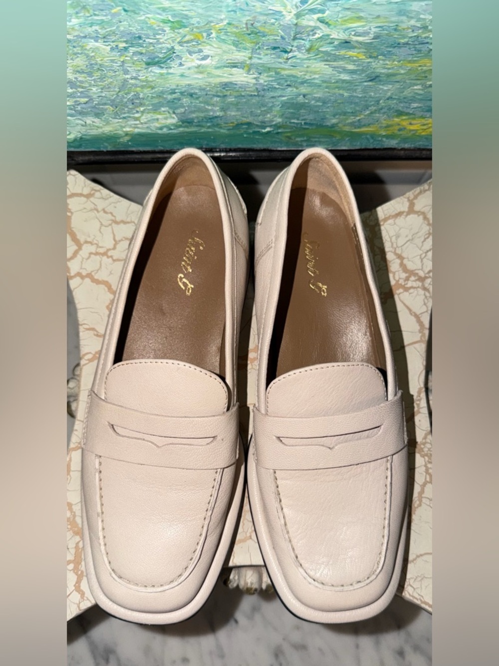 SAINT G Carla Off-White Leather Penny Loafers - Classic Slip-On Dress Shoes